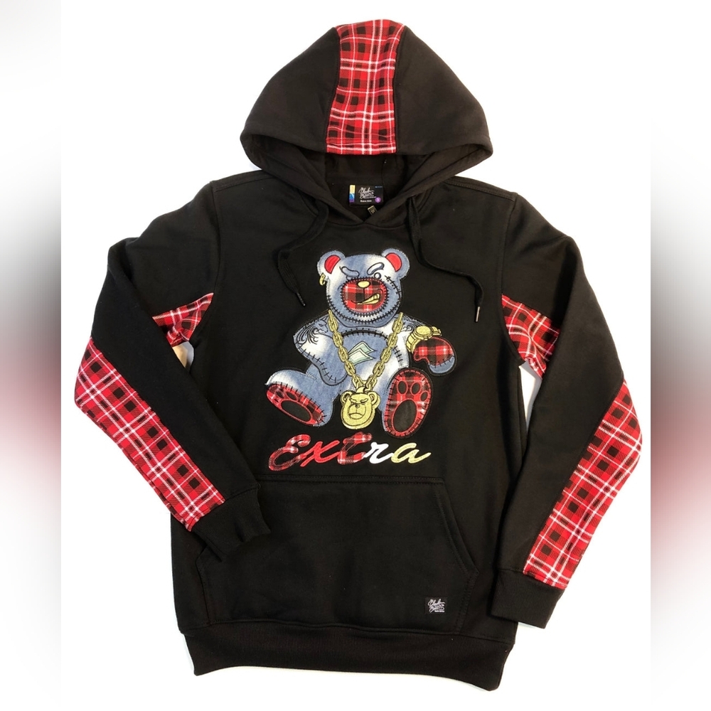 SCREENSHOT Premium Fleece Streetwear. Black and Plaid Bear Hoodie. S